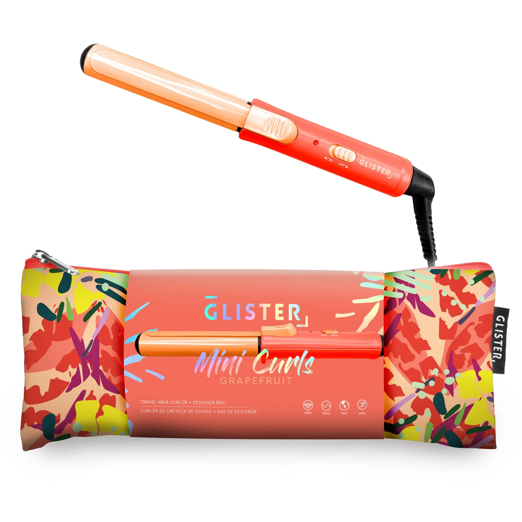 Official Glister Mini Curls Travel Clip Curler with Carrying Pouch - Grapefruit Next-Generation