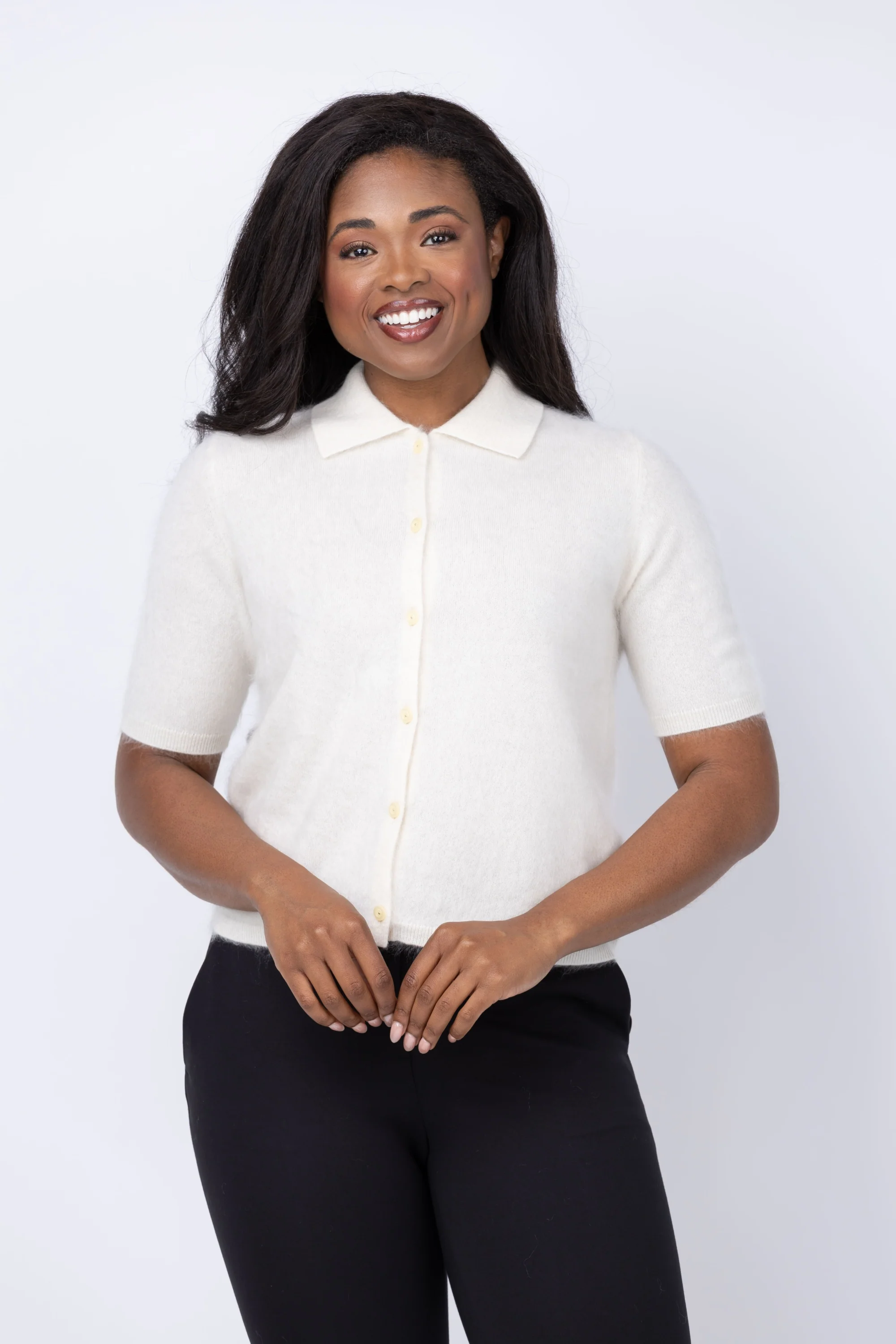 Top-Quality Theory Brushed Short Sleeve Cardigan in Ivory Elegant