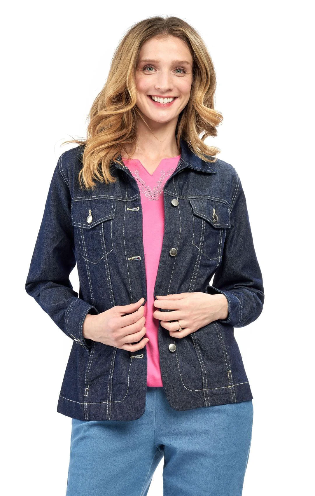 Fashionable Women's Button Front Classic Denim Jacket with front pocket Efficient