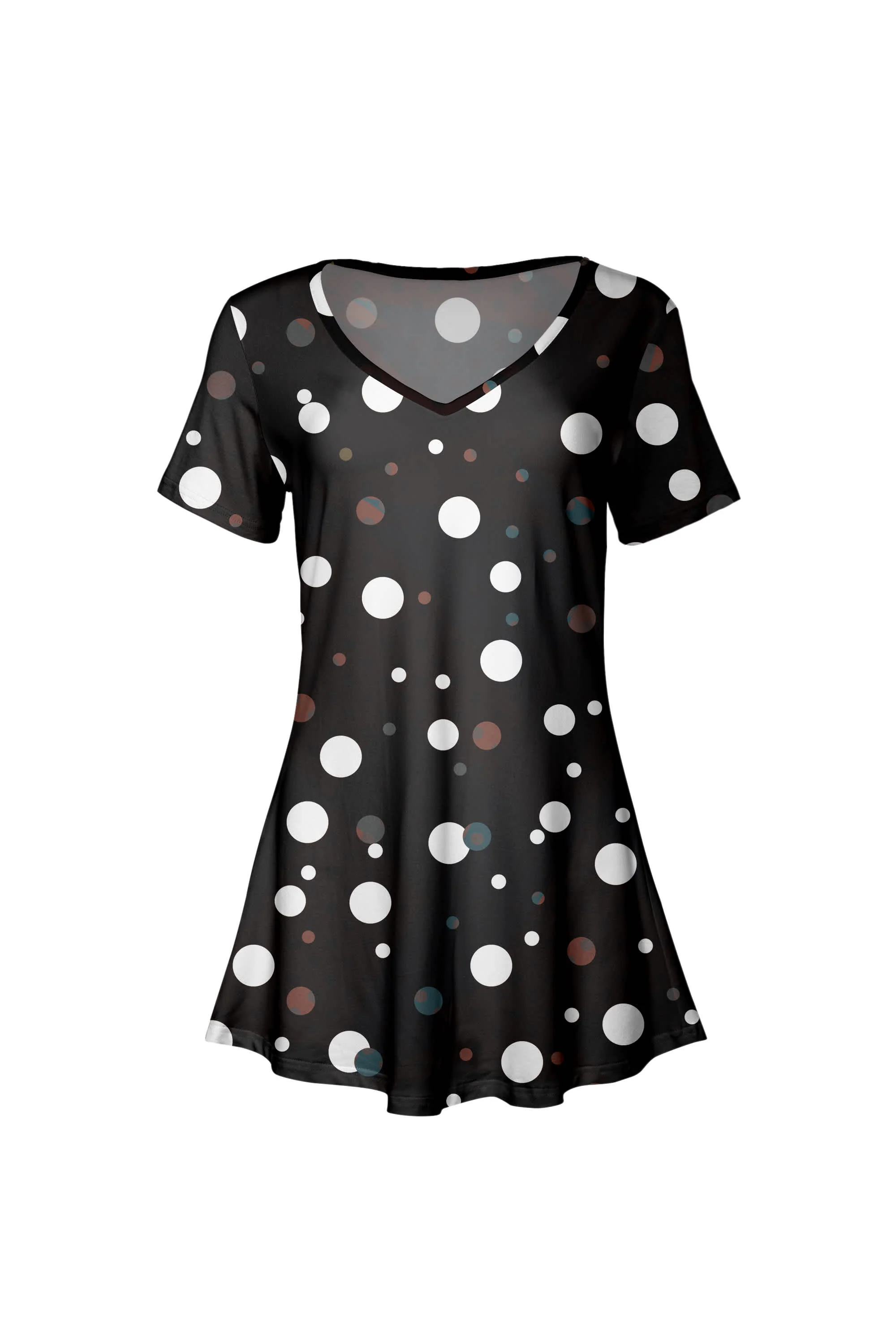 Smooth Lily by Firmiana Women's V-Neck Short Sleeve Tunic Black White Polka Dot Professional