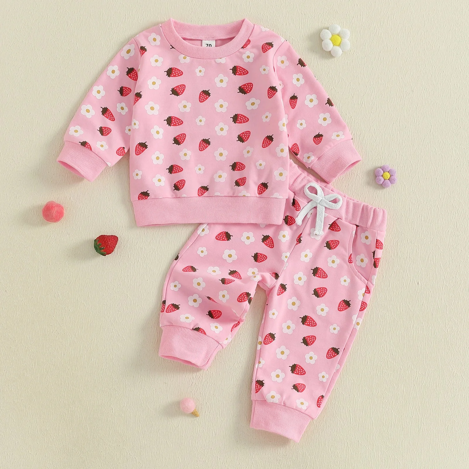 Professional Baby Toddler Girl 2Pcs Fall Outfit Strawberry Flower Print Crew Neck Long Sleeve Top with Jogger Pants SetSPECIFICATIONS High-Quality