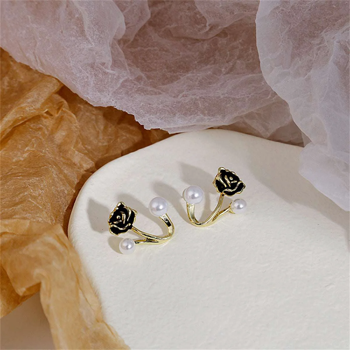 Fine Crafted Pearl Black Enamel Goldtone Rose Ear Jackets Reusable