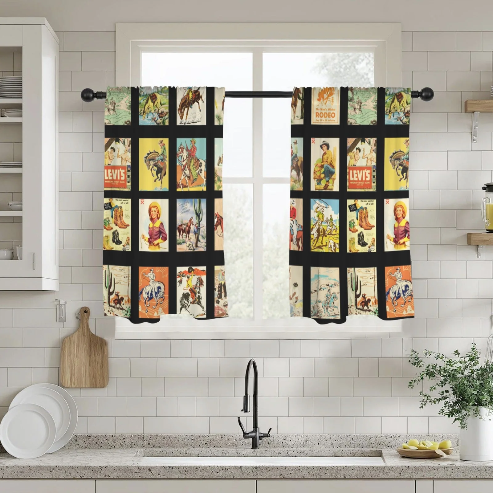 Solid Vintage Western Collage Window Curtains 28 x40 2-Piece Made in America Refined