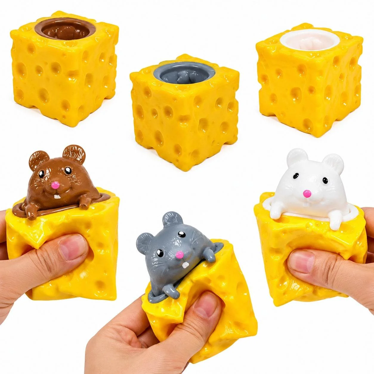 Long-Lasting Cheese Mouse Pop-Up Squishy Toy 3-Pack – Sensory Fidget Squeeze Toy Fun Mini Stress Ball Set Smooth