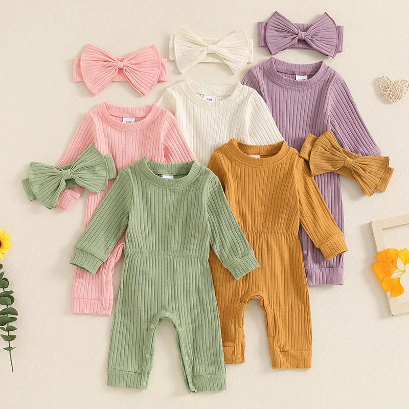 High-Performance Baby Girls 2Pcs Fall Outfit Long Sleeve Round Neck Ribbed Full Leg Jumpsuit with Headband SetSPECIFICATIONS Pure
