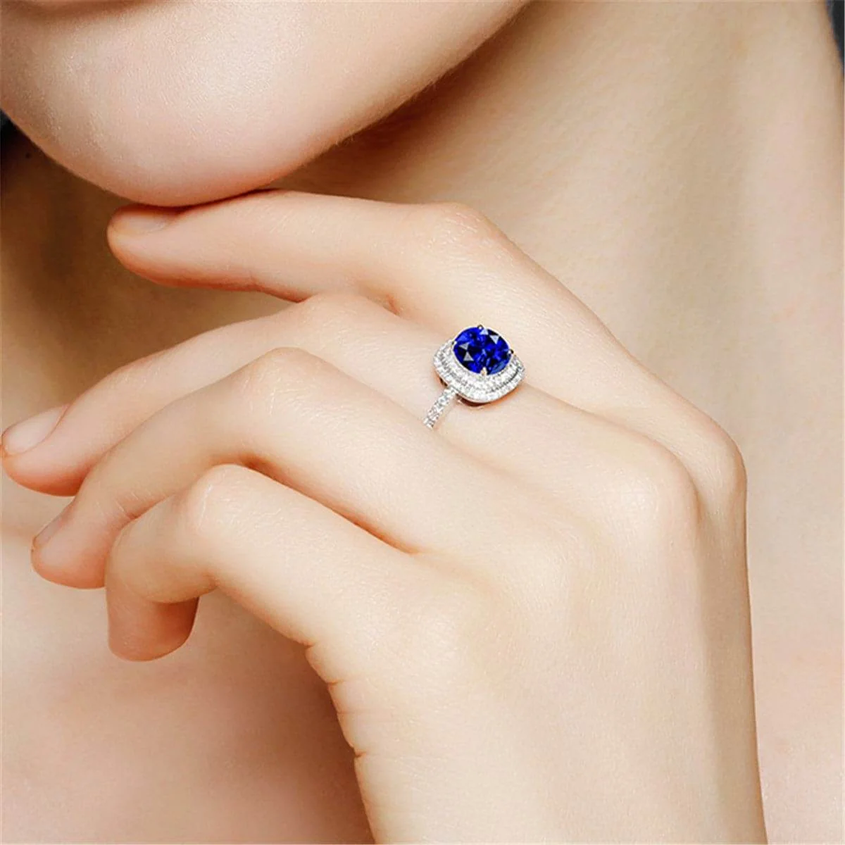 Smart Blue Crystal Cubic Zirconia Silvertone Halo Cushion-Cut Adjustable Ring Top-Quality