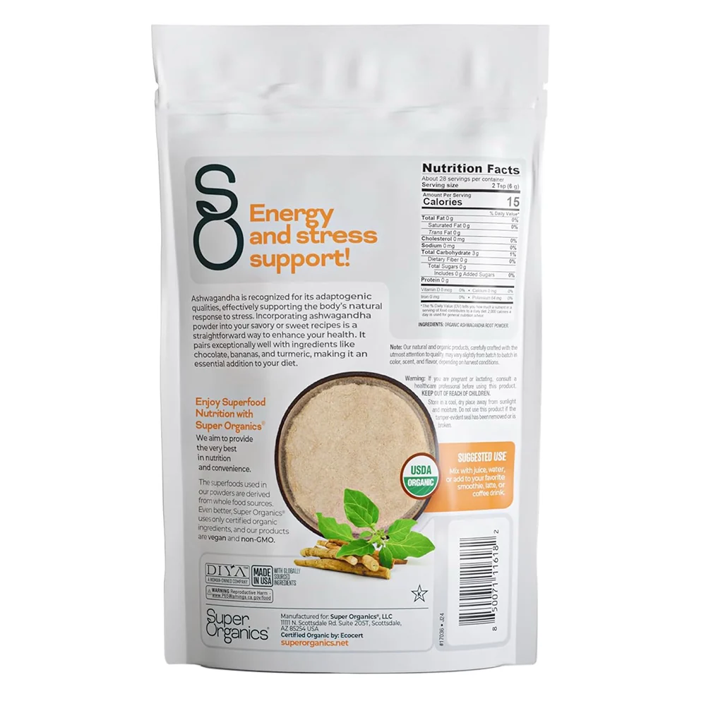 Selected Super Organics Ashwagandha Root Powder Herb for Vitality and Wellness 6Oz 170g Luxury