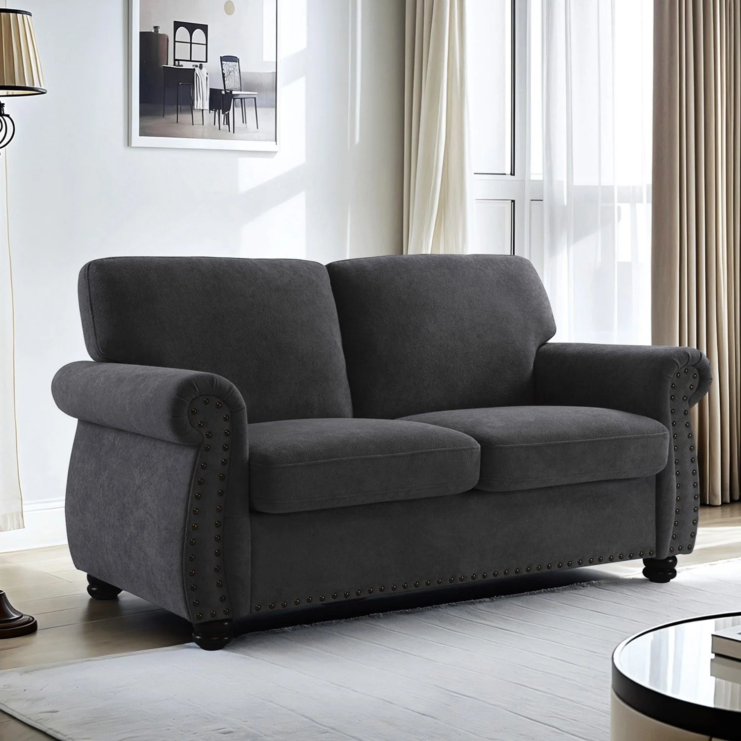 Verified Soft Loveseat Upholstered 2 Seater Couch Loose Back Cushions and Turned Legs Breathable