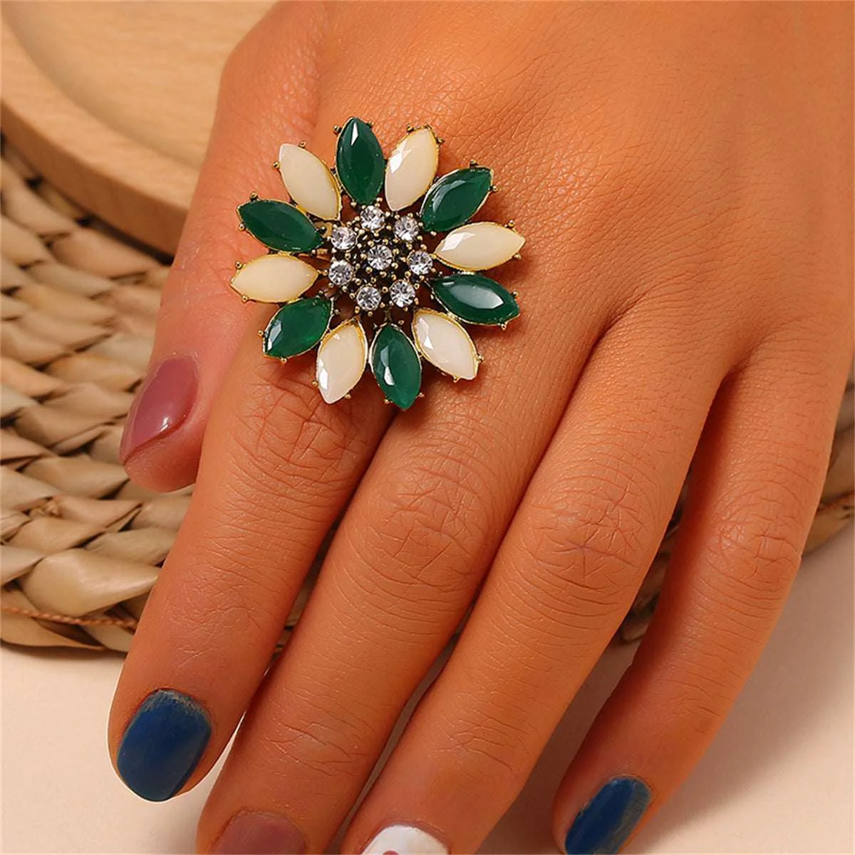 Pure Green Crystal Cubic Zirconia Flower Adjustable Ring Minimalist