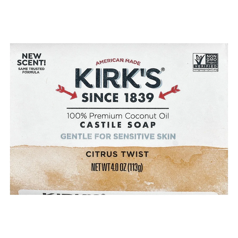 Advanced Kirks Premium Coconut Oil Castile Bar Soap Gentle for Sensitive Skin Citrus Twist Scent 4Oz 113g Responsible