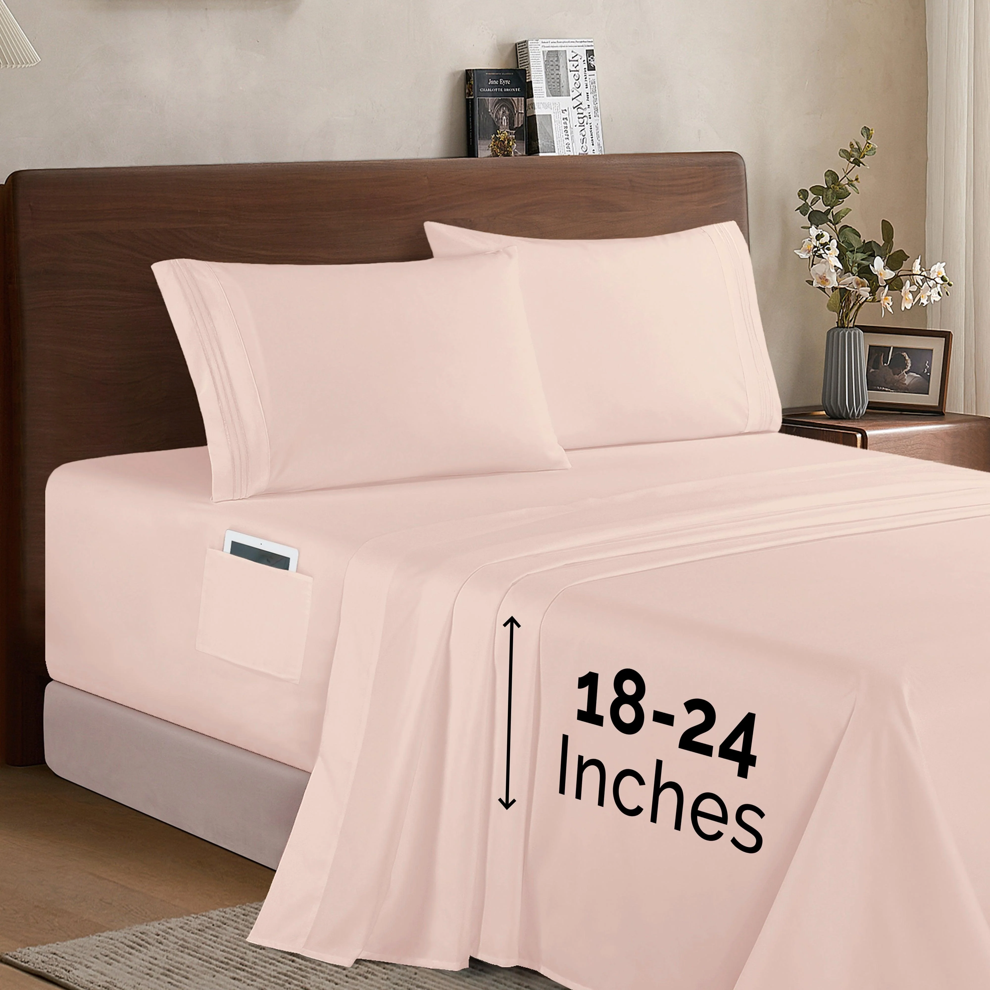 Environmentally Friendly Elegant Comfort Extra deep 18-24 Inch Pocket 3 Line Embroidery 4-Piece Sheet Set Bright Shades High-Grade
