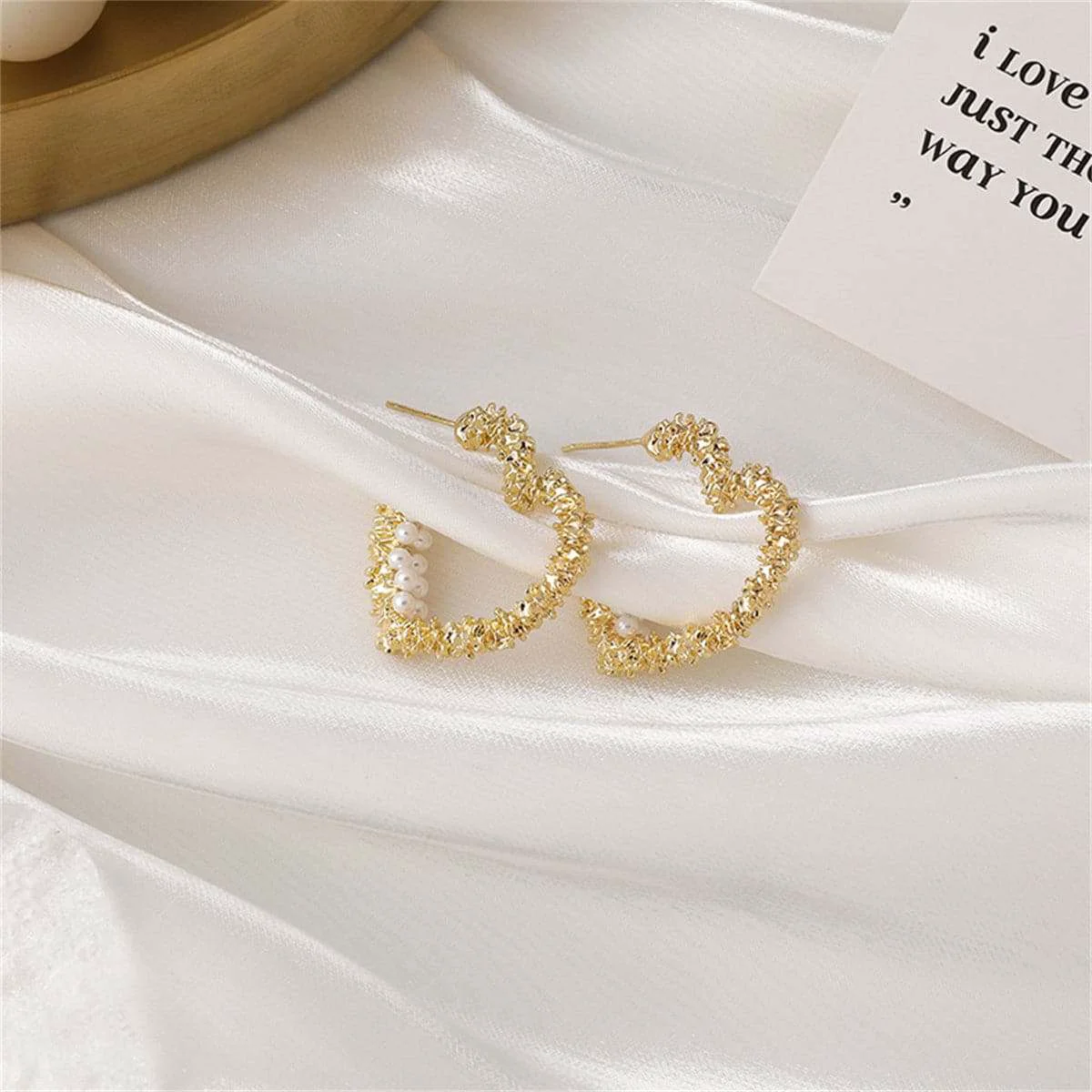 Verified Pearl Goldtone Textured Heart Huggie Earrings Carefully Designed