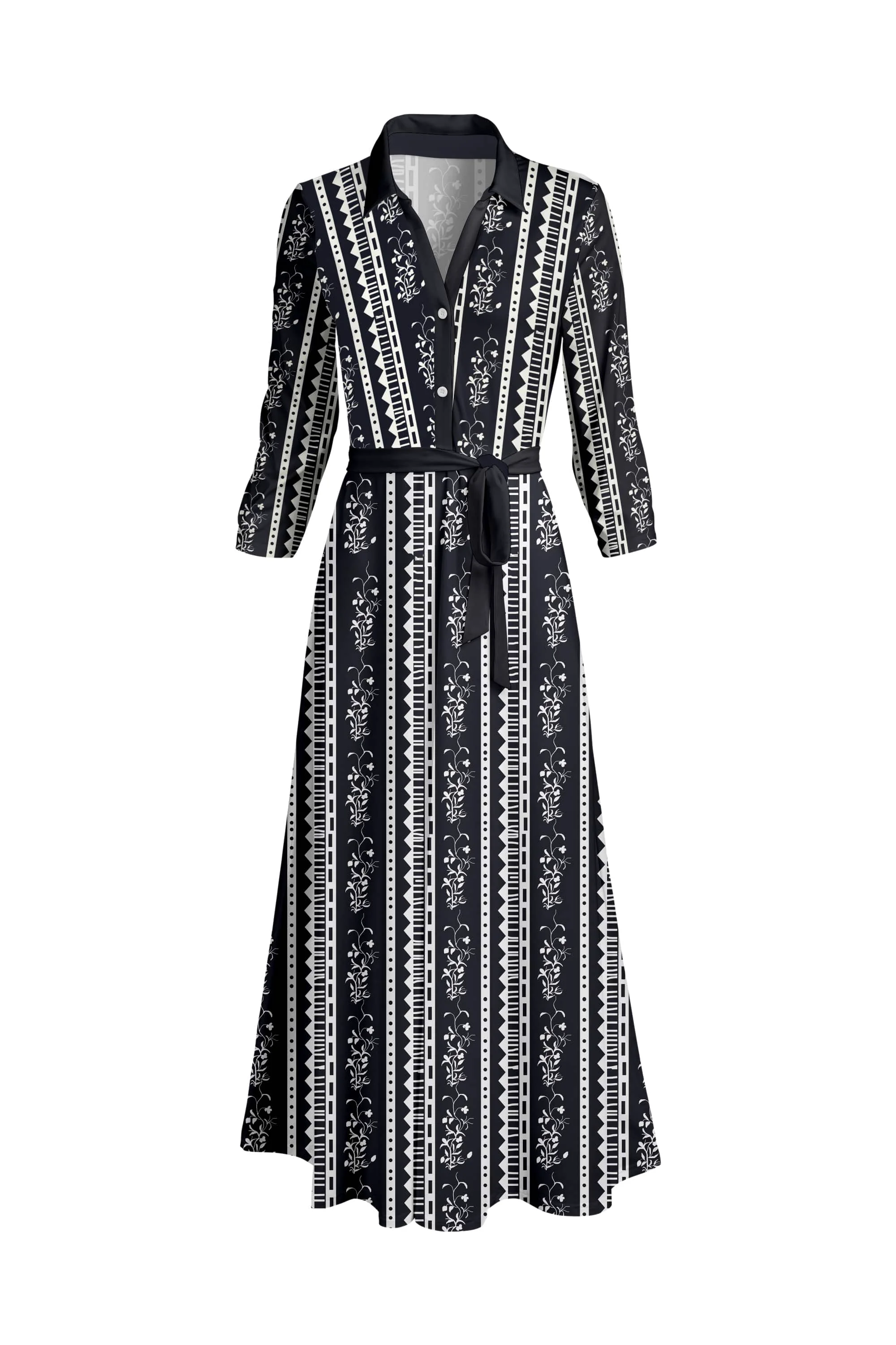 User-Friendly Lily by Firmiana Women's Long Sleeve Collared Maxi Dress with Tie Black White Linear Geo Reusable