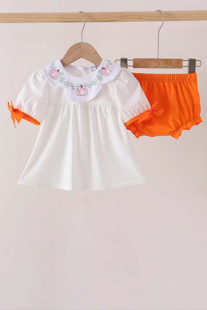 Certified Orange Pumpkin Bow Embroidery Bloomer Set Durable