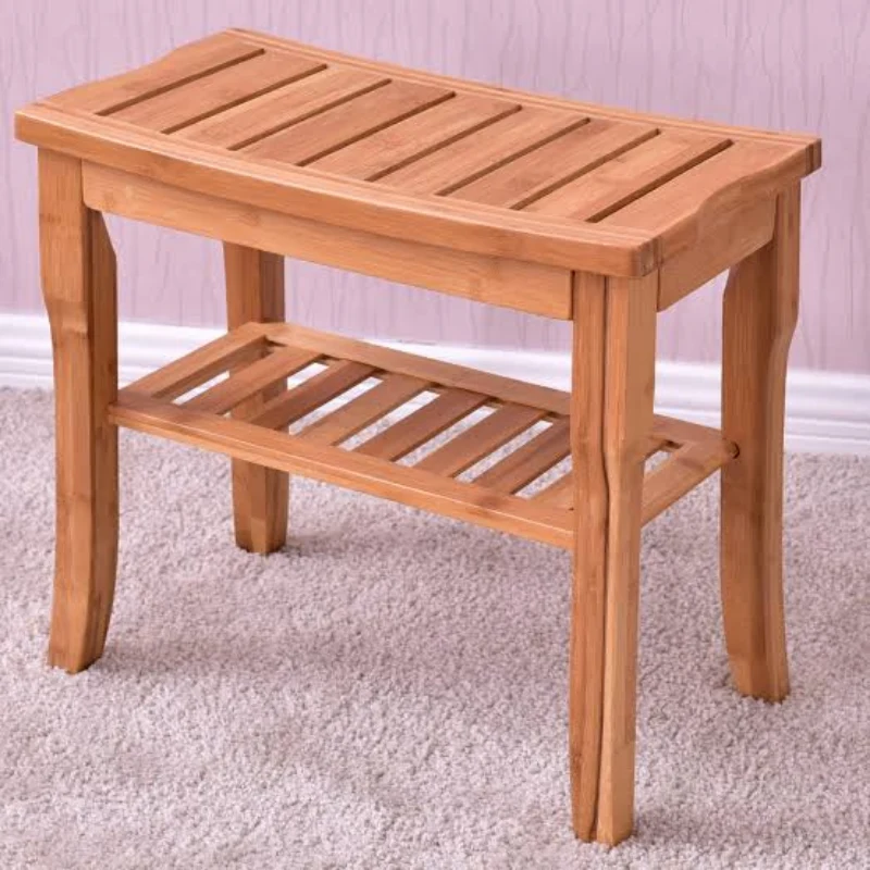 Modern Waterproof Bamboo Wooden Shower Bench Seat With Storage Shelf Fine Crafted