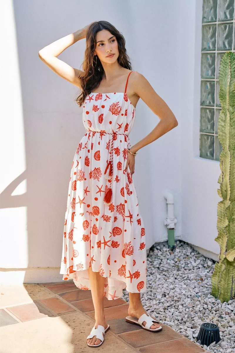 Specialty SO ME Shell Print Tiered Lined Midi Cami Dress With Belt Recyclable