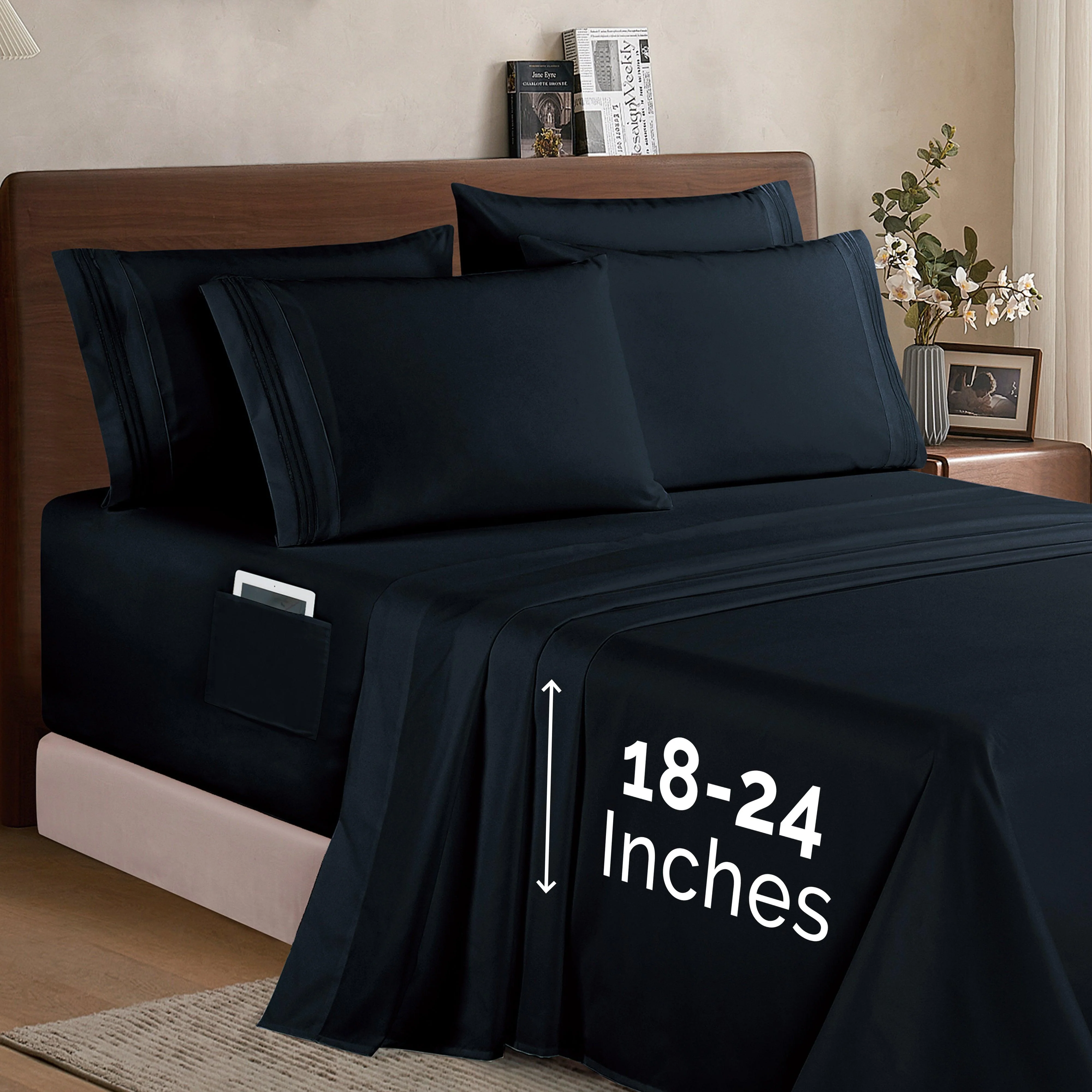 High-Performance Elegant Comfort Extra deep 18-24 Inch Pocket 3 Line Embroidery 6-Piece Sheet Set Moody Shades Superior