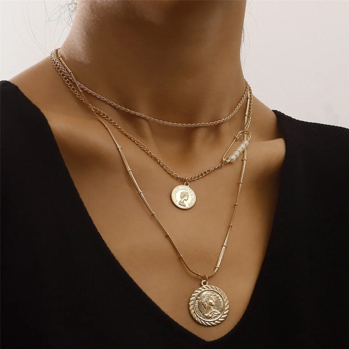 Versatile Pearl Goldtone Coin Pendant Layered Necklace Unique