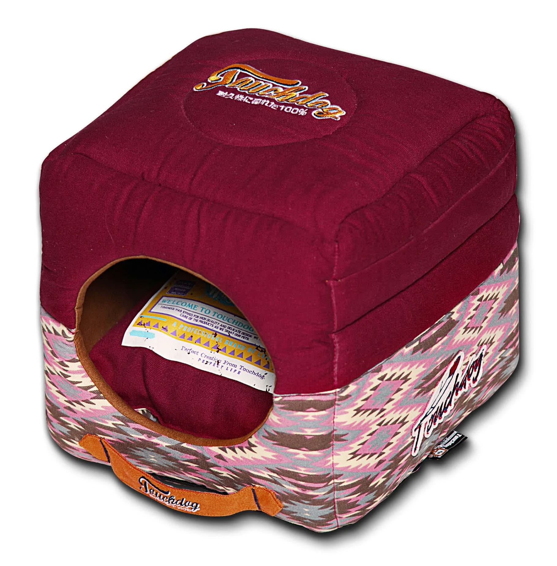 Healthy Pet Life Touchdog 70's Vintage-Tribal Throwback Convertible and Reversible Squared 2-in-1 Collapsible Dog House Bed Unique