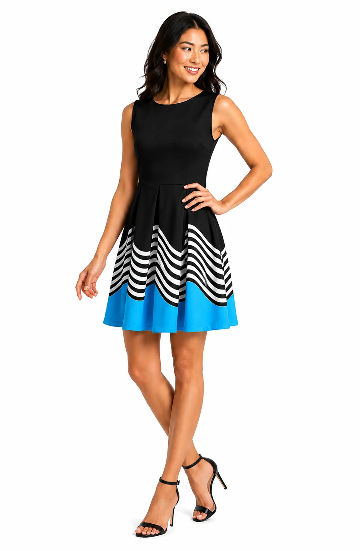 Advanced Lily by Firmiana Women s Sleeveless Short Dress with Pleated Skirt Women s Apparel Black Teal Wave Print Classic
