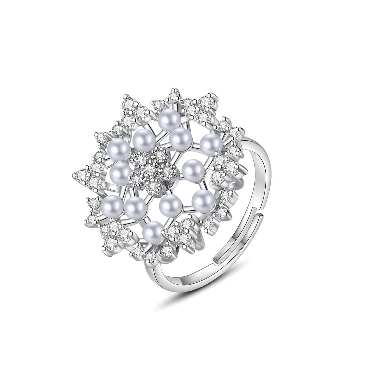 Elegant Cubic Zirconia Pearl Silvertone Flower Adjustable Ring Dependable