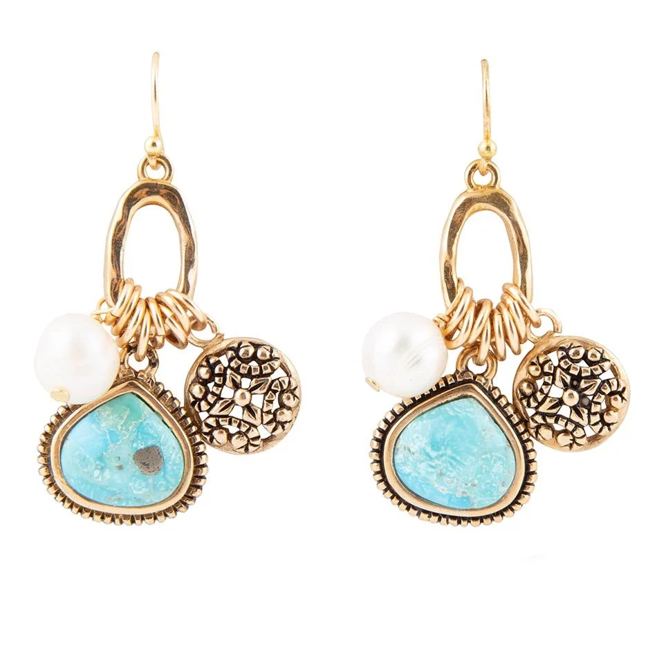 Advanced Blue Turquoise and White Pearl Multi Charm Golden Charm Earrings Reusable