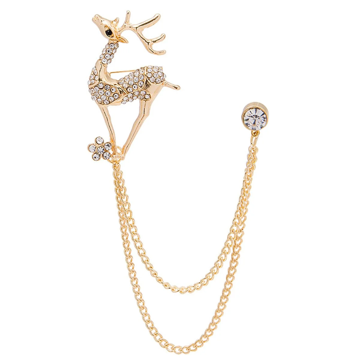 Versatile Cubic Zirconia Goldtone Reindeer Chain Brooch Secure