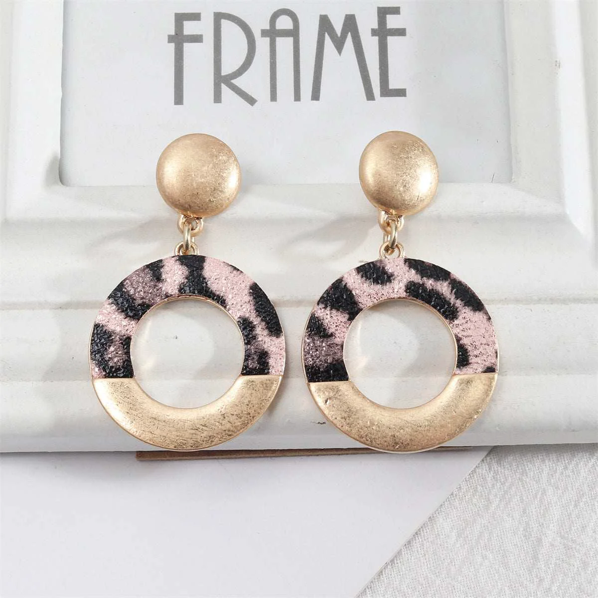 World-Class Pink Polyurethane Goldtone Leopard-Print Circle Drop Earrings Optimized