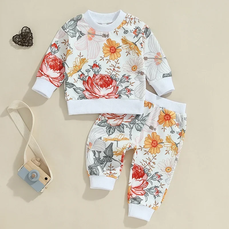 Durable Baby Toddler Girls 2Pcs Fall Outfit Floral Flowers Print Long Sleeve Crewneck Top and Elastic Pants SetSPECIFICATIONS Official