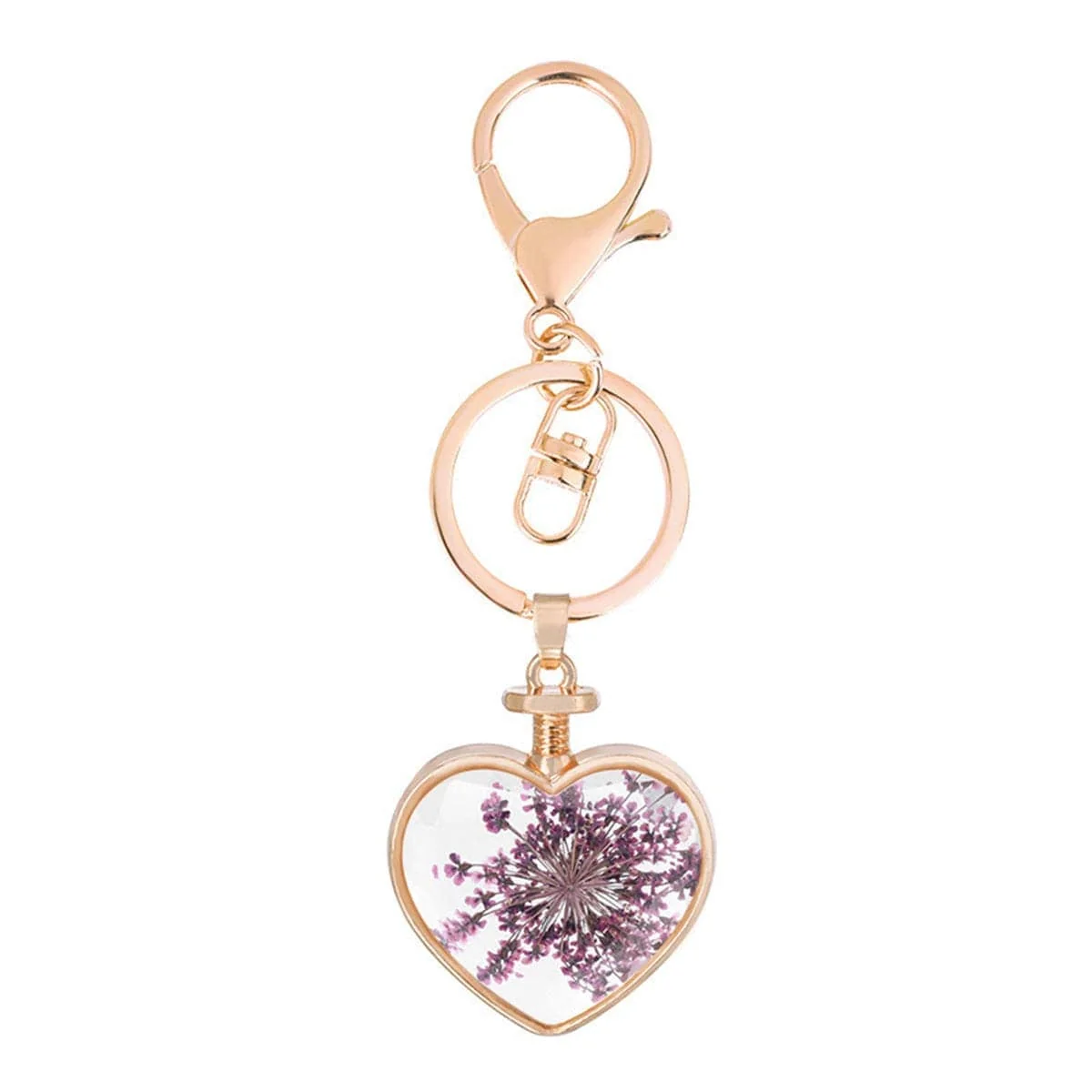 Expertly Made Purple Pressed Baby'S Breath Goldtone Heart Key Chain Genuine
