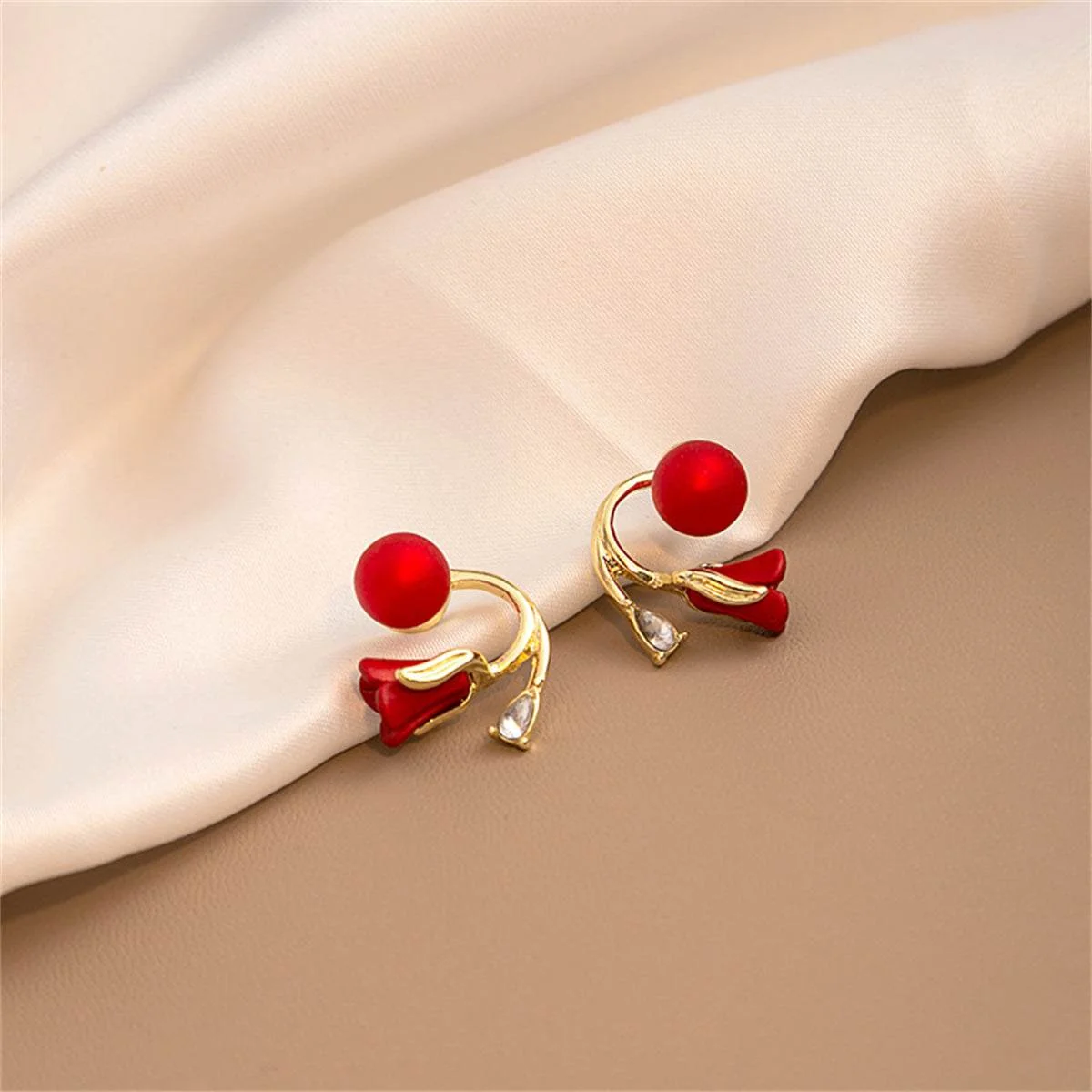 Durable Red Resin Crystal Goldtone Rose Ear Jackets Comfortable