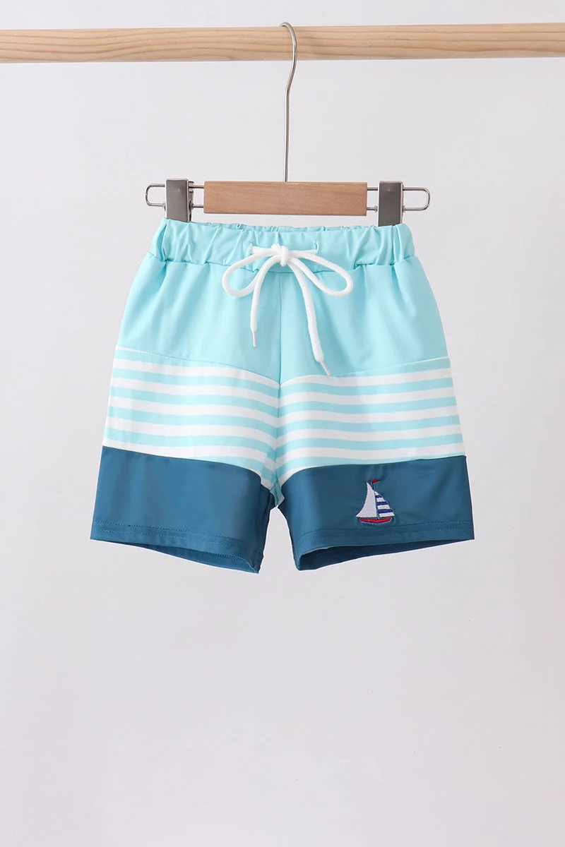 Premium Material Blue stripe sailboat embroidery swim trunks High-End