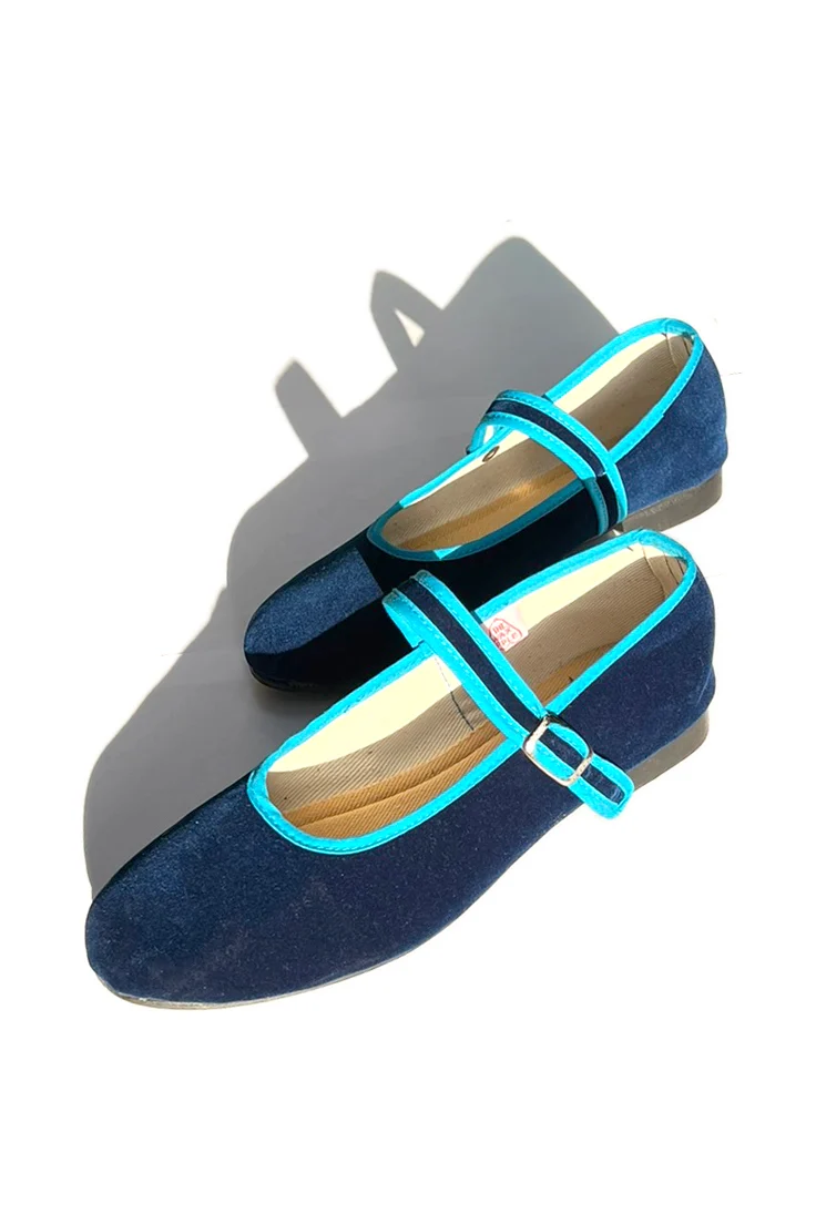 Stylish mary jane flats - velvet navy and turqoise pipping Enhanced
