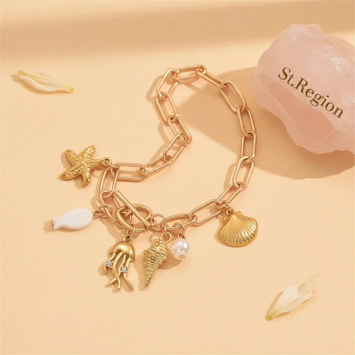 Authentic Cubic Zirconia Pearl Acrylic Goldtone Sea Lives Charm Toggle Anklet Genuine