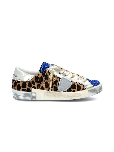 Contemporary Philippe Model PRSX Low Sneaker in Leo Glitter Bluette Beige Classic