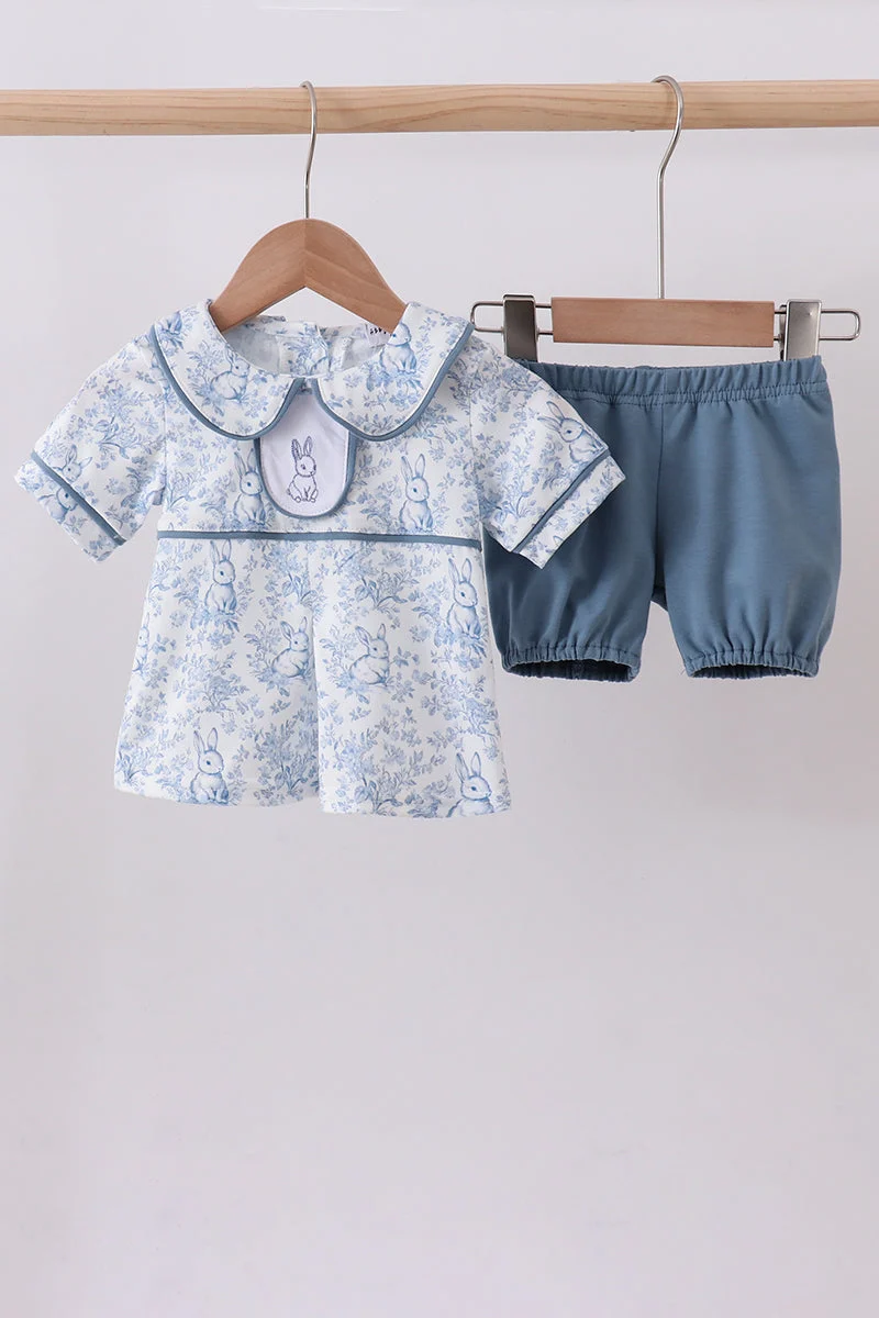 Soft Navy bunny embroidery peter pan collar bloomer set Certified