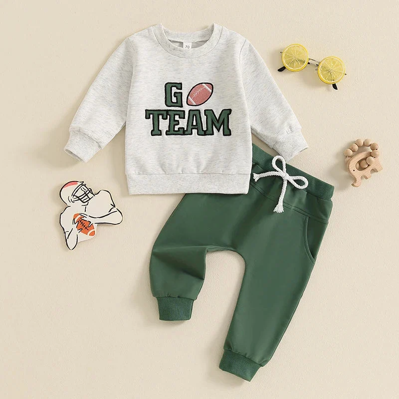 Professional Baby Toddler Boys 2Pcs Go Team Fall Outfit Football Letter Embroidery Long Sleeve O-Neck Top and Solid Color Pants SetSPECIFICATIONS Reusable