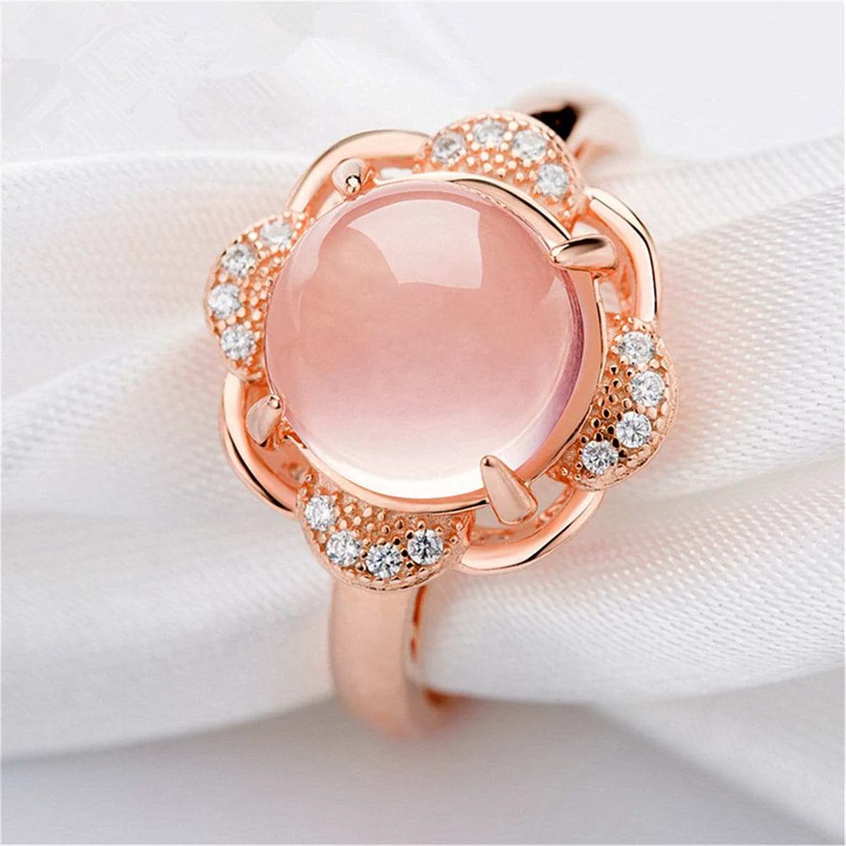 Fast Rose Quartz Cubic Zirconia Flower Adjustable Ring Flexible
