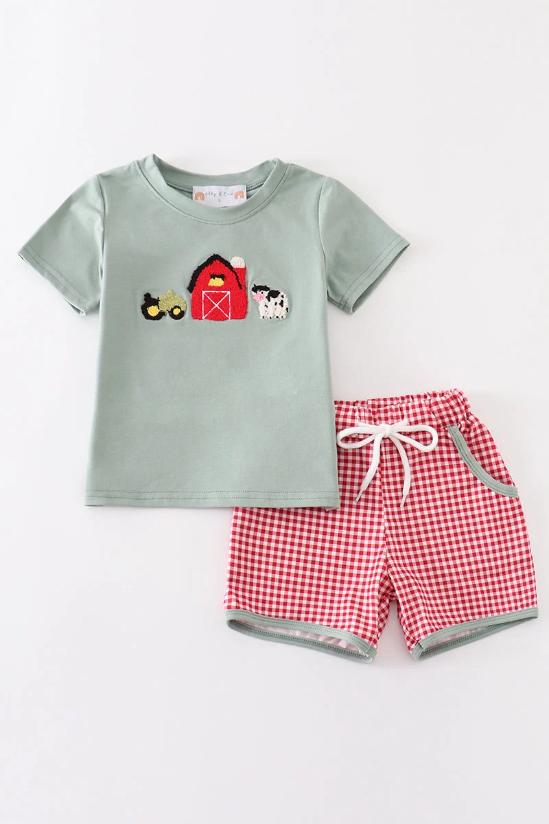 Detailed Green Farm French Knot Shorts Set Enhanced