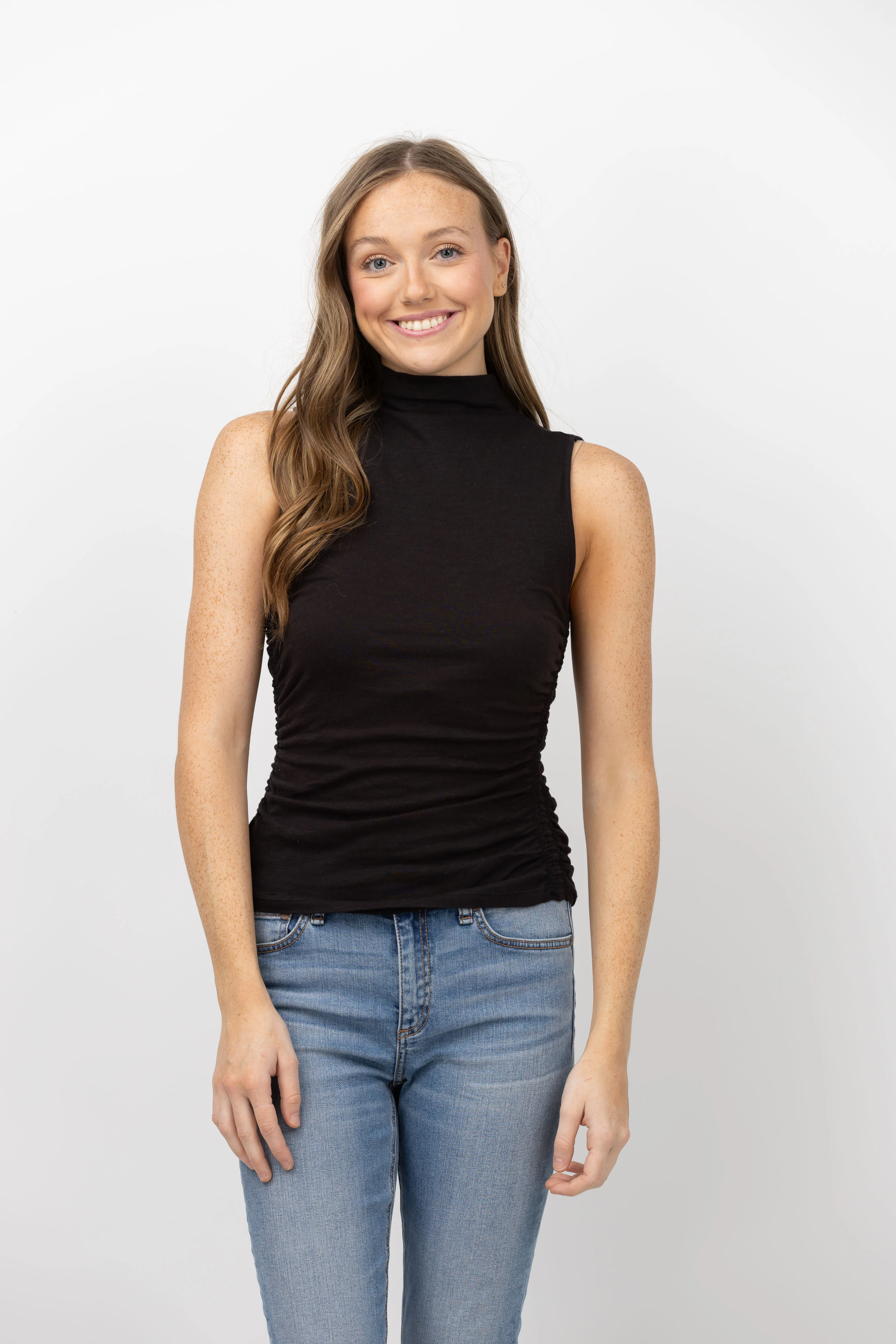 Next-Generation Lilla P Shirred Mock Tank in Black Enhanced
