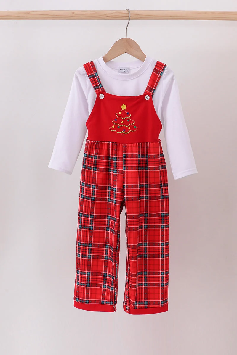 Minimalist Red tree embroidery plaid jumpsuit set Premium