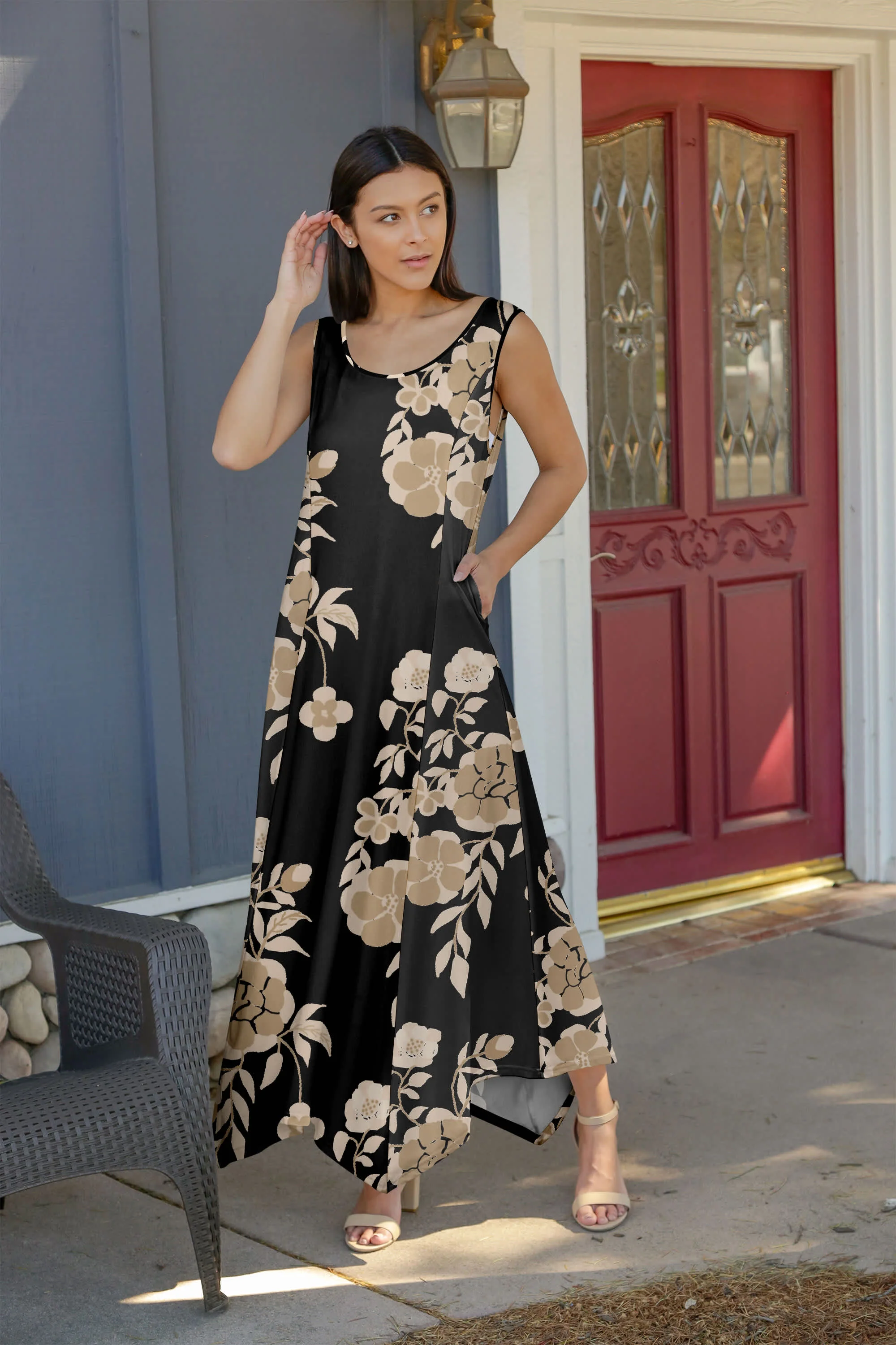 Contemporary Lily by Firmiana Women's Sleeveless Fishtail Maxi Dress White Black Brushstroke Print Dependable