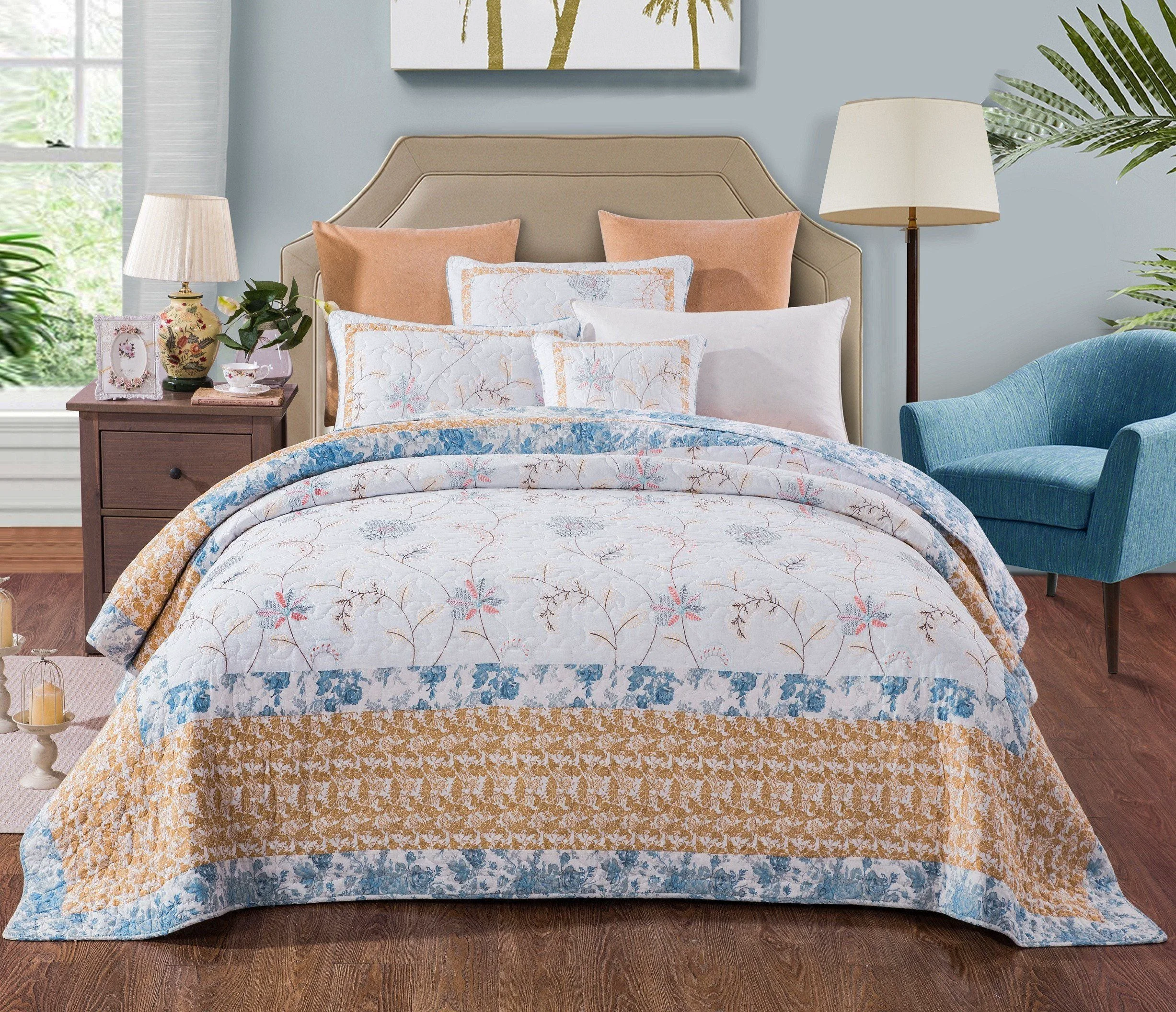 Smooth Tache Coastal Cottage Embroidered White Blue Yellow Floral Cotton Patchwork Quilt Set JHW-668 Advanced