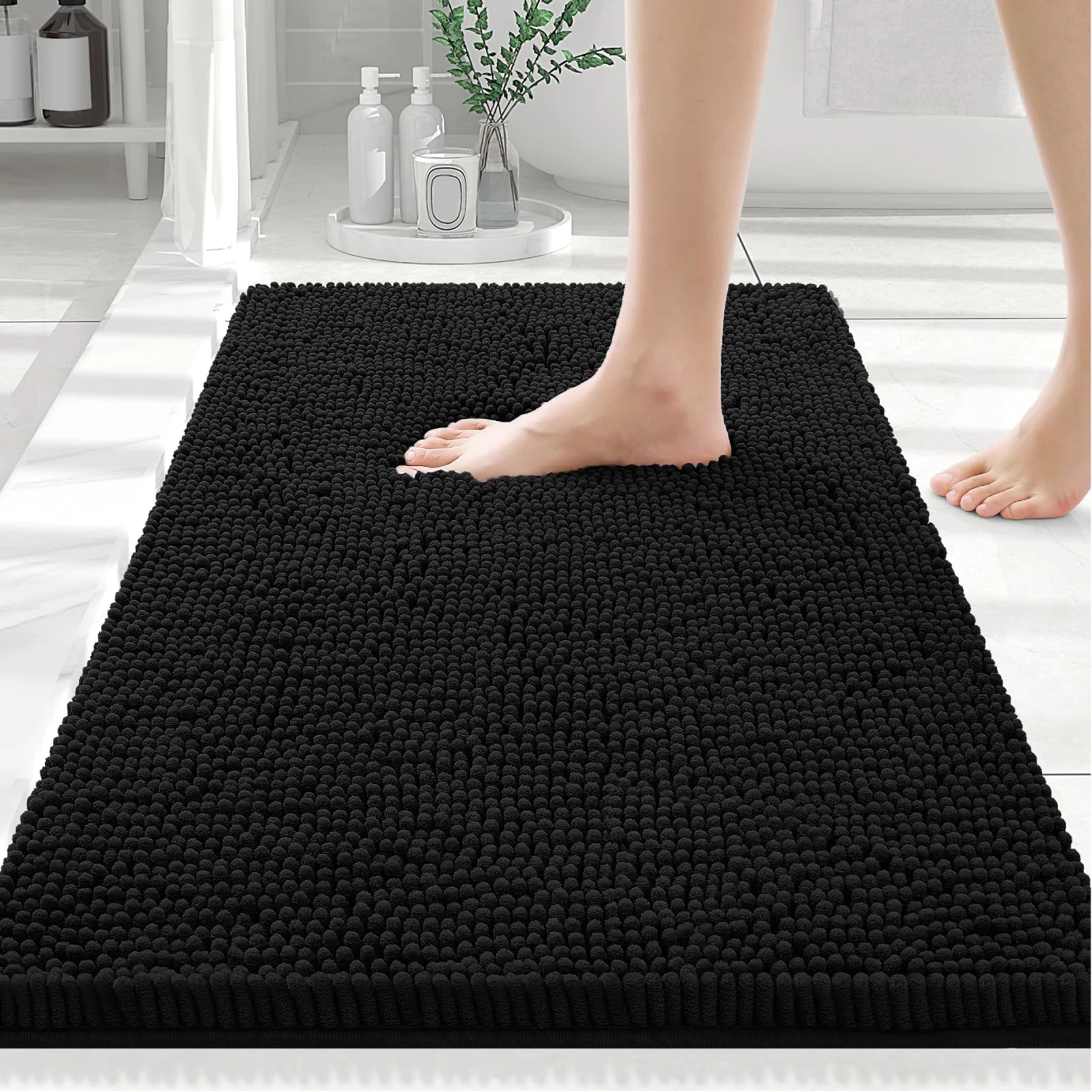 First-Class Smiry Luxury Chenille Bath Rug 30x20 – Extra Soft Absorbent Non-Slip Shaggy Mat for Shower Tub Floor – Black Washable Fine
