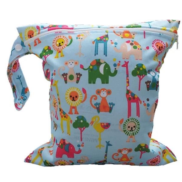 Authentic Maxbell Baby Infants Wet Diaper Nappy Storage Waterproof Zippered Reusable Tote Style Bag Multi Animal Print Handbag Light Blue Verified