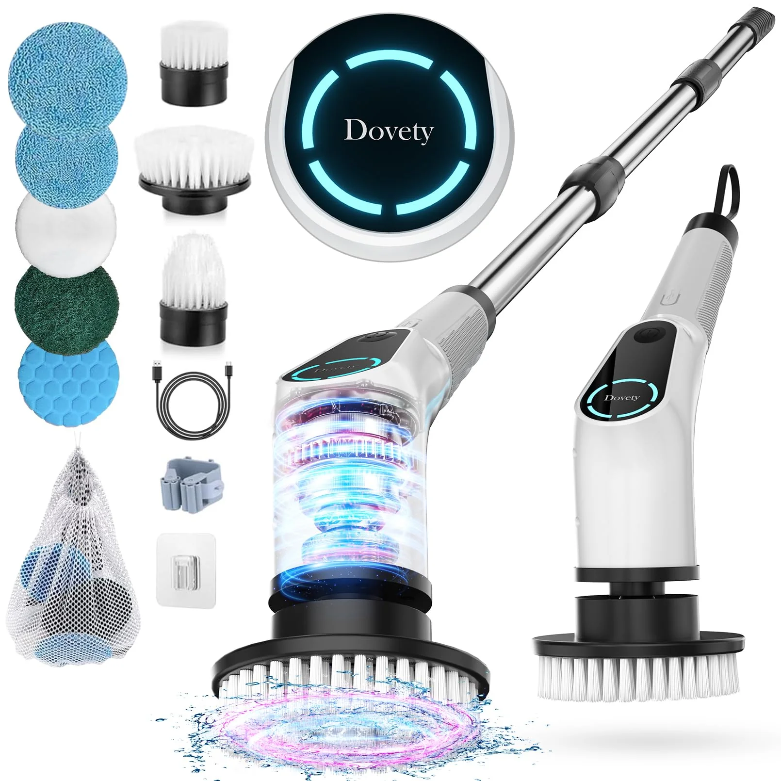 Easy-to-Use Dovety Electric Spin Scrubber – Cordless Cleaning Brush with 8 Heads 2 Speeds Extension Handle for Tile Grout Bathtub Floor Premium Material