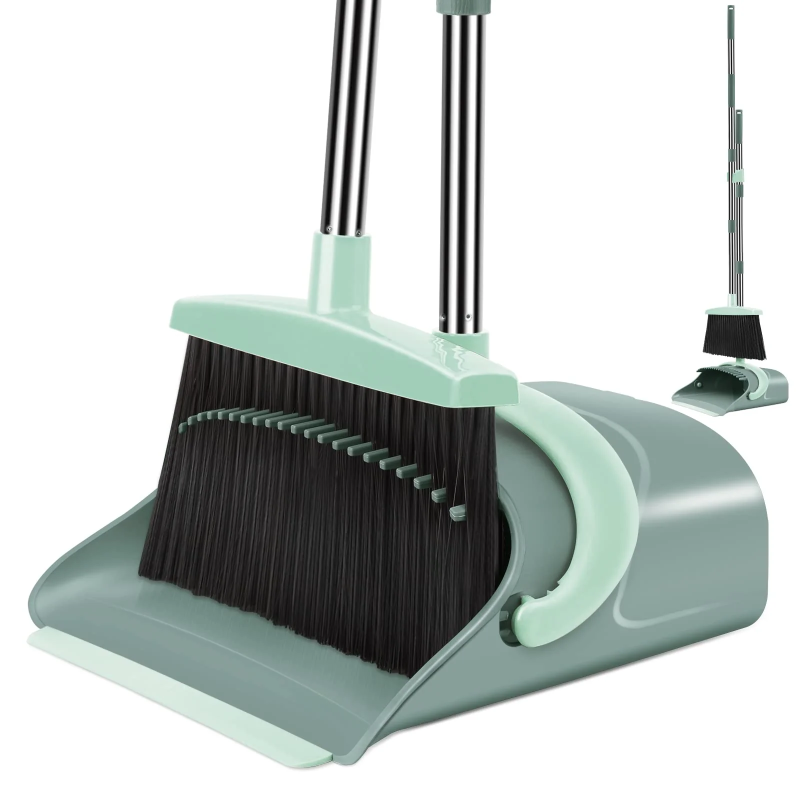 Unique Broom Dustpan Set with Long Handle – Upright Sweeping Combo for Home Kitchen Office Lobby Gray Green Durable