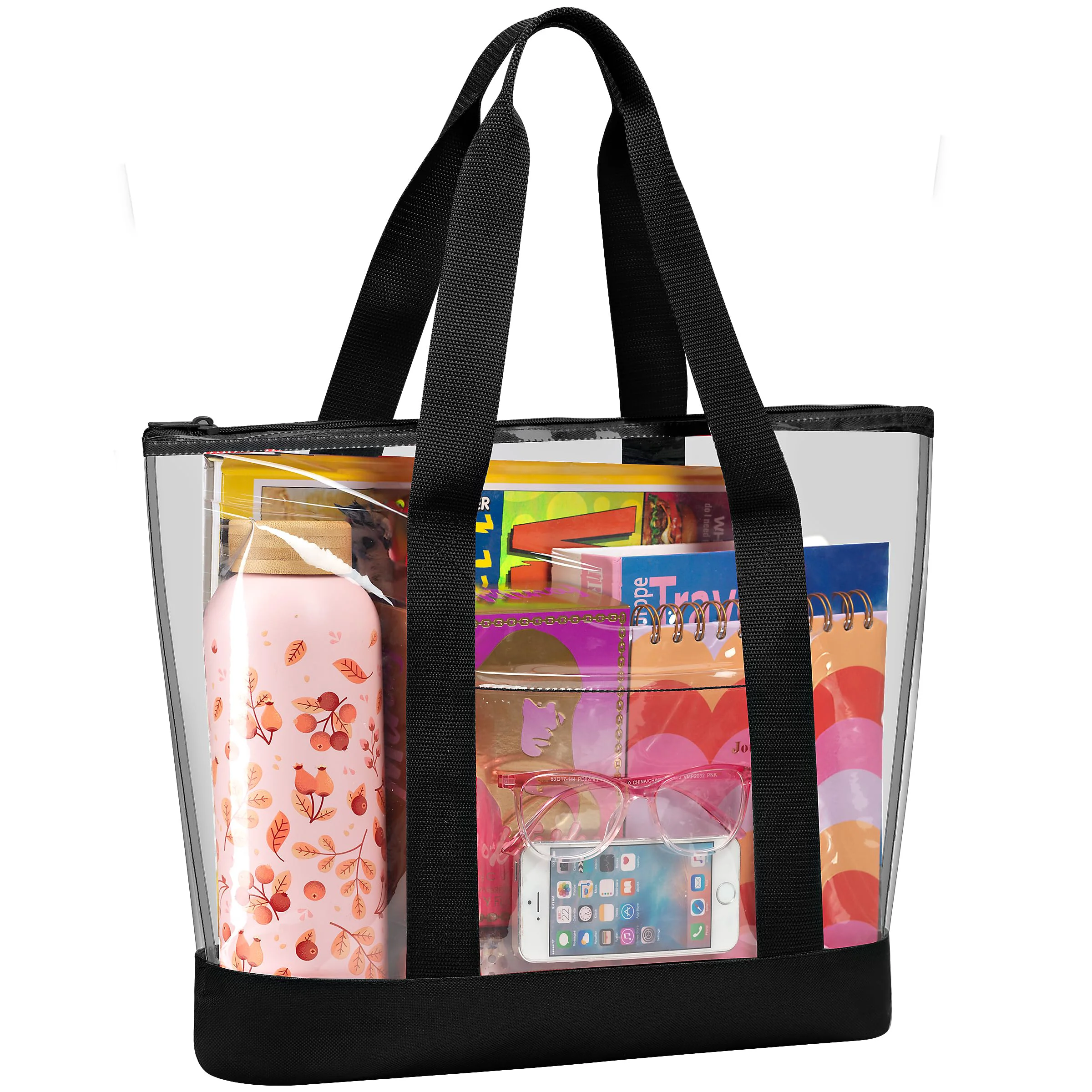 Secure Handy Laundry Clear Tote Bag - Zipper Closure Long Shoulder Strap Fabric Trimming. Black High-Quality