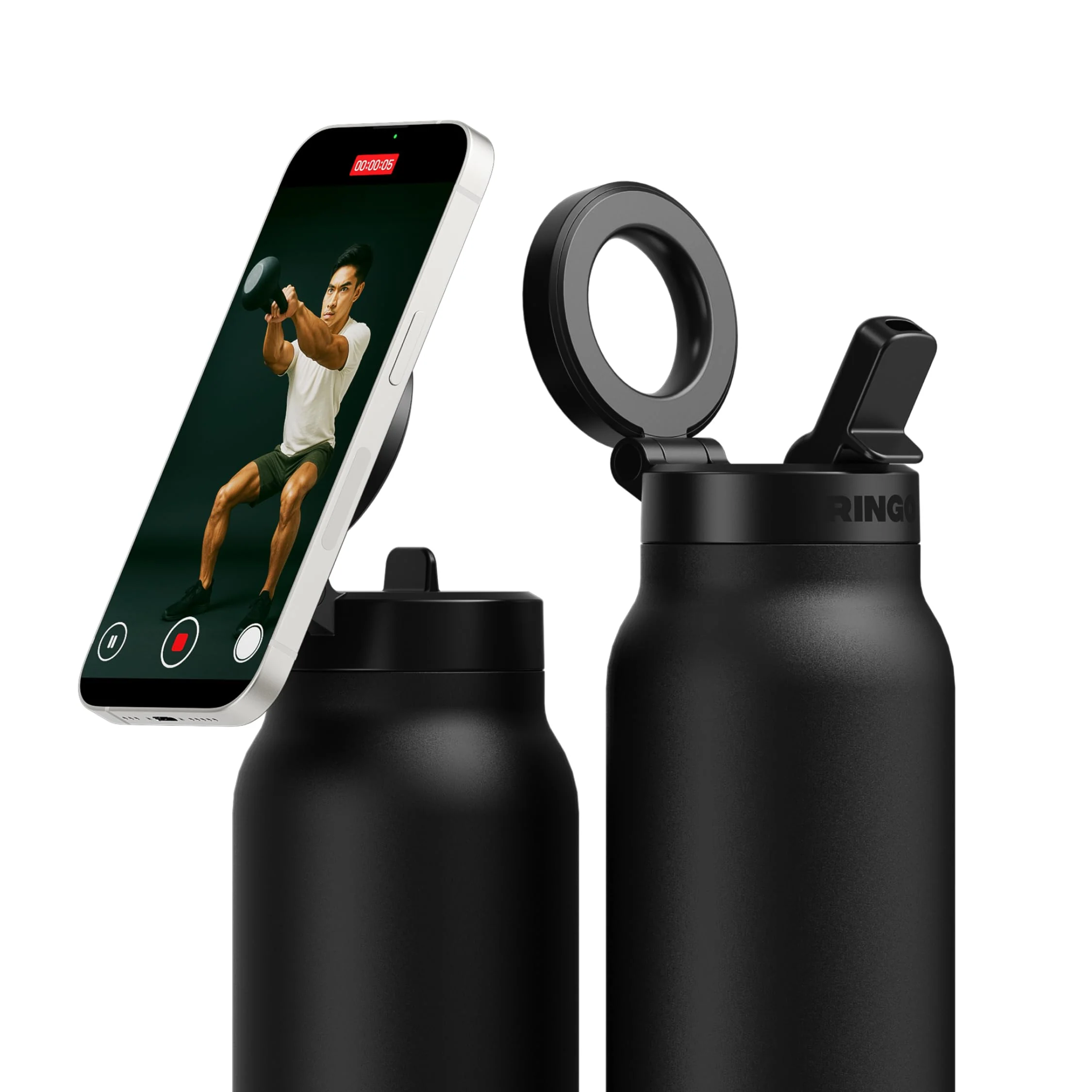 Casual Ringo PRO Water Bottle with Magnetic Phone Mount Sip Straw Lid - Insulated Stainless Steel Bottle for Workouts Content Creation Navigation Fast