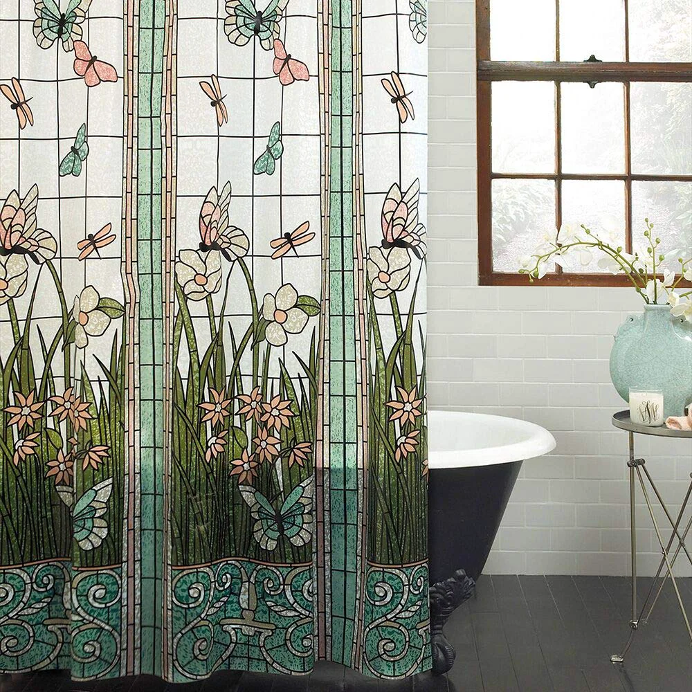 Advanced Crystal Emotion Flower Dragonfly Waterproof Bathroom Fabric Shower Curtain Bath Curtain 48x72inch Small Stall Size Minimalist